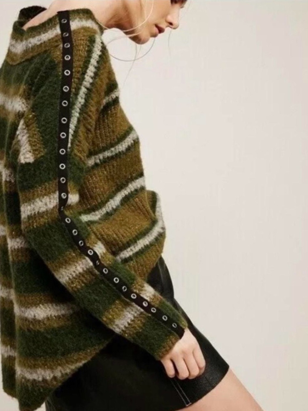 Free People Olive Green Striped Eyelet-Trim Crewneck Sweater